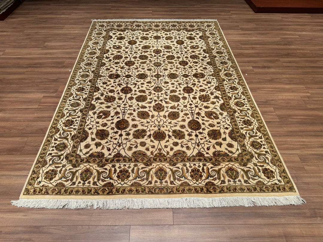 Indian Owl Original Hand Woven Beige Wool Bamboo Carpet 203x304 6.17 Square Meters - 7x10 ft