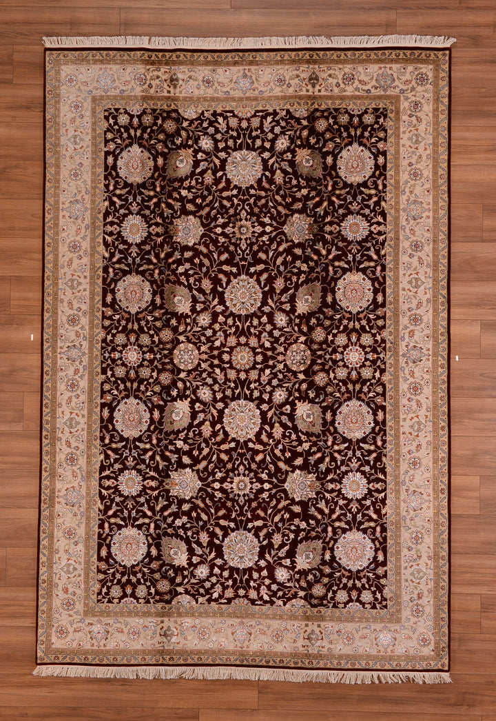 Hint Uşağı Orjinal El Dokuması Krem Kırmızı Yün Bambu Halı 205x308 6.31 Metrekare - 7x10 ft