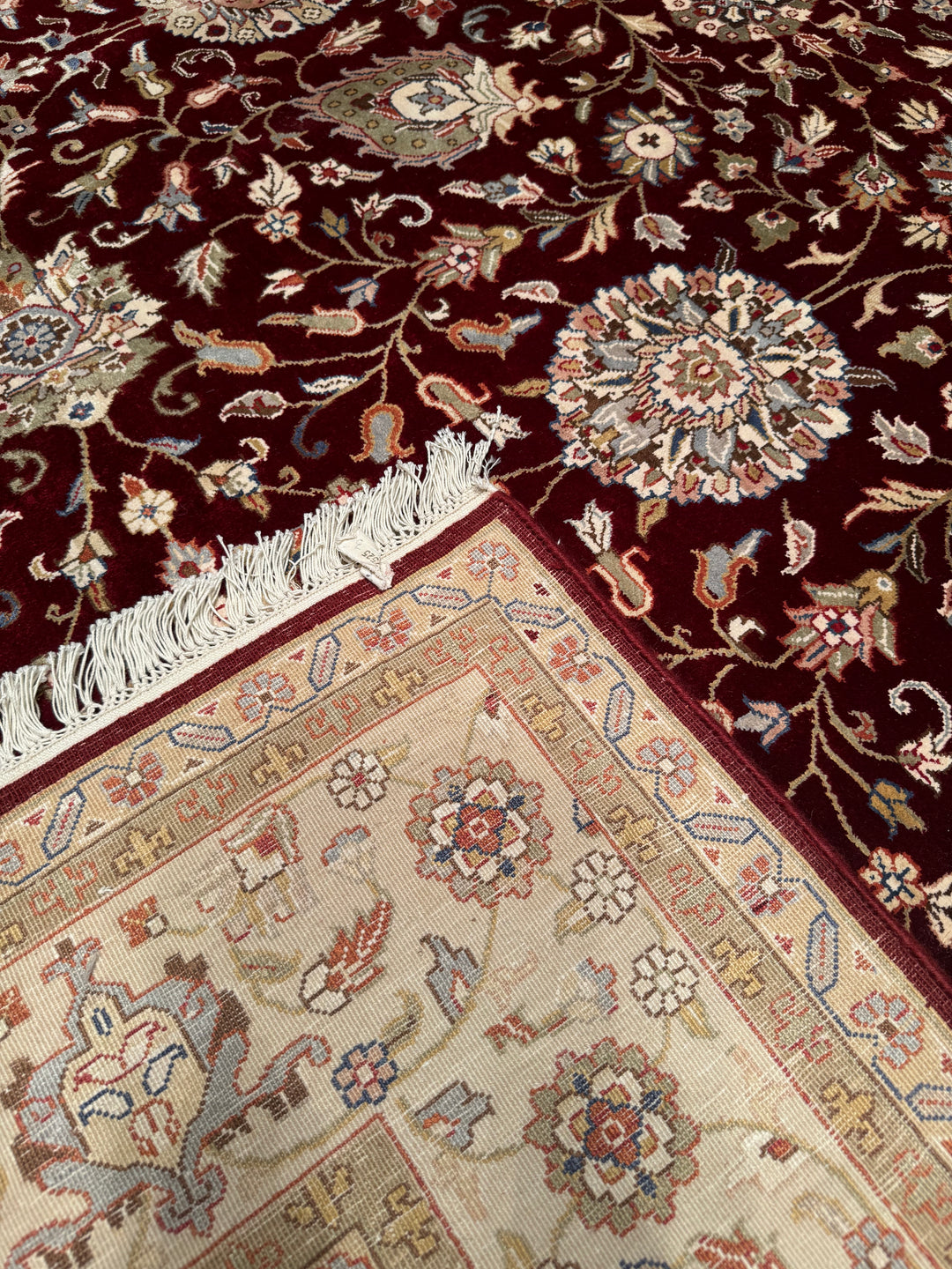 Indian Owl Original Hand Woven Cream Red Wool Bamboo Carpet 205x308 6.31 Square Meters - 7x10 ft