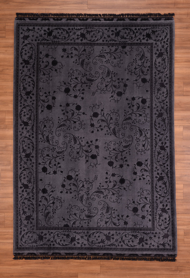 Privat Original Hand Woven Black Wool Silk Carpet 214x305 6.53 Square Meters - 7x10 ft