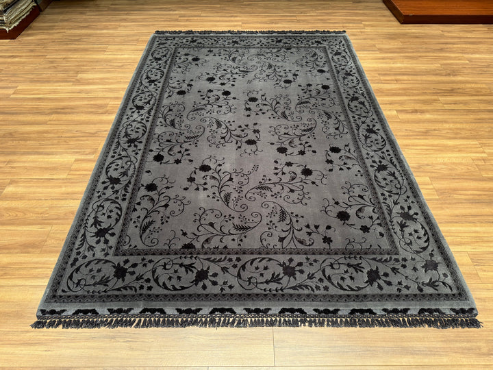 Privat Original Hand Woven Black Wool Silk Carpet 214x305 6.53 Square Meters - 7x10 ft