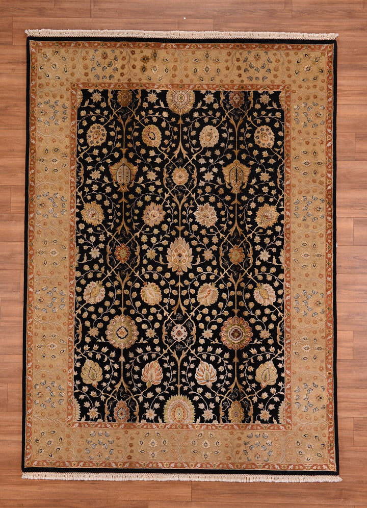 Indian Owl Original Hand Woven Black Cream Wool Silk Carpet 212x296 6.28 Square Meters - 7x10 ft