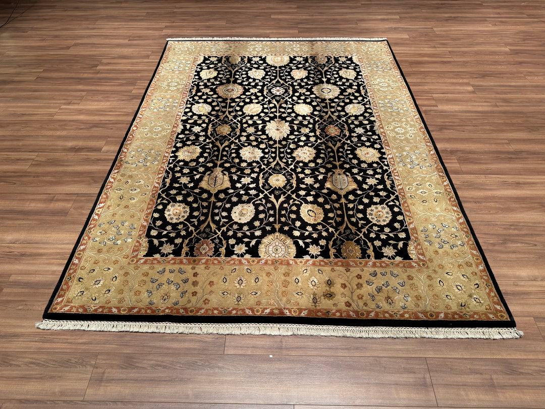 Indian Owl Original Hand Woven Black Cream Wool Silk Carpet 212x296 6.28 Square Meters - 7x10 ft