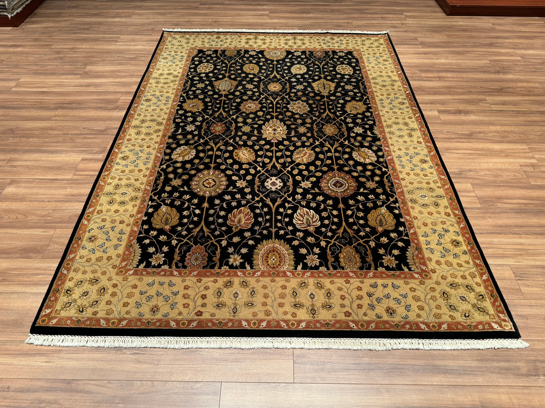 Indian Owl Original Hand Woven Black Cream Wool Silk Carpet 212x296 6.28 Square Meters - 7x10 ft