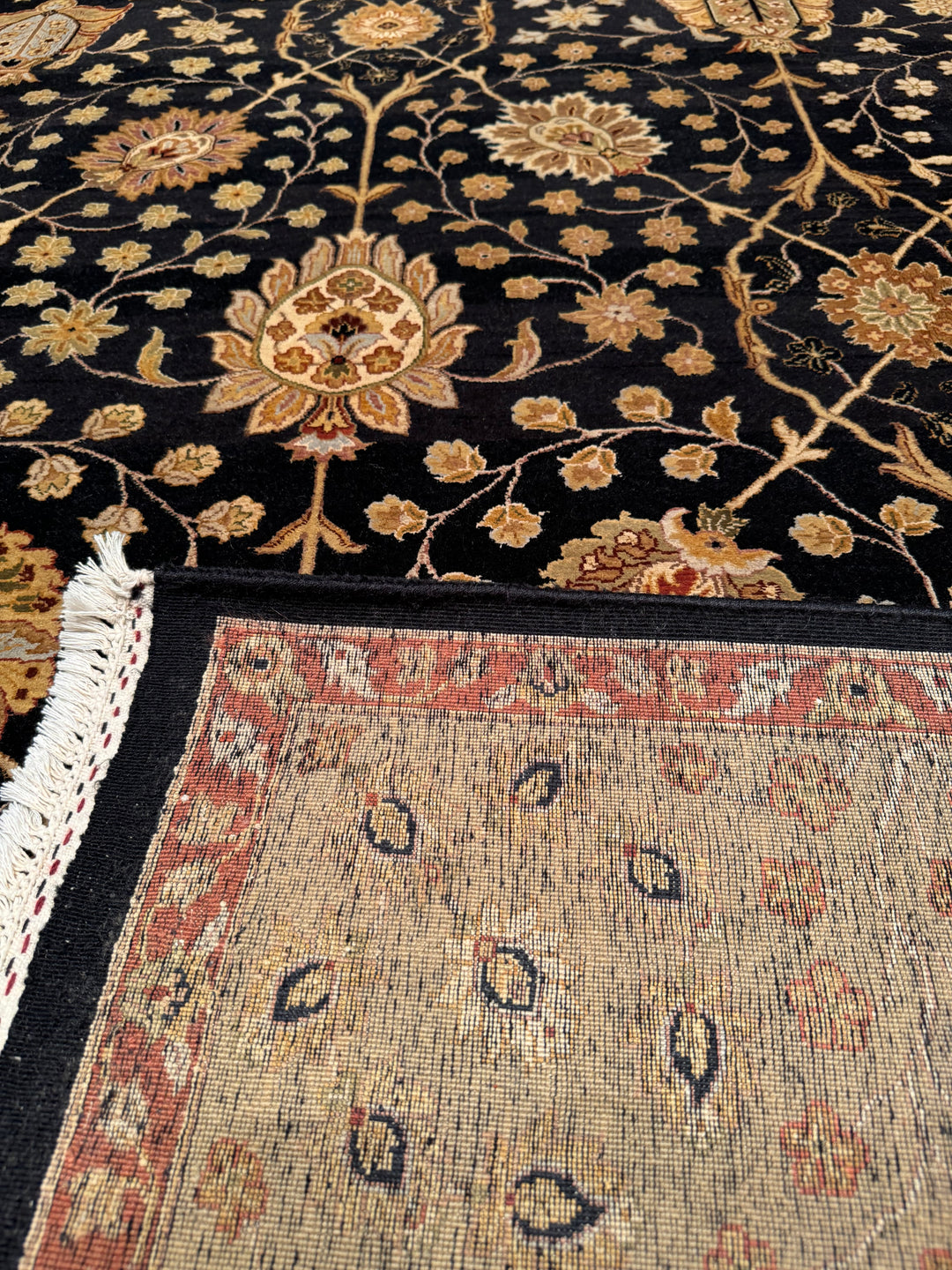 Indian Owl Original Hand Woven Black Cream Wool Silk Carpet 212x296 6.28 Square Meters - 7x10 ft