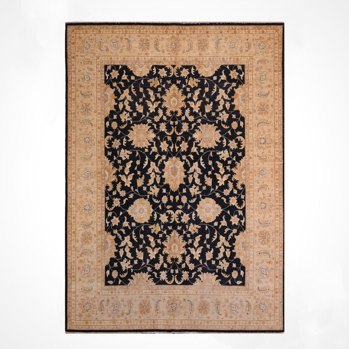 Uşak Orijinal El Dokuması Siyah Krem Kök Boya Yün Halı 242x305 7.38 Metrekare - 8x10 ft