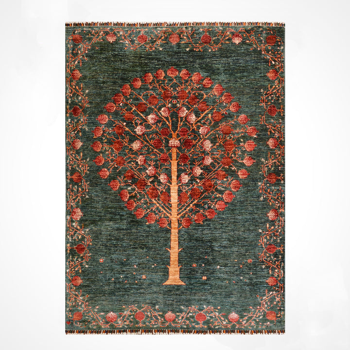 Nar Ağacı Orijinal El Dokuması Yeşil Kök Boya Yün Halı 173x245 4.24 Metrekare - 6x8 ft