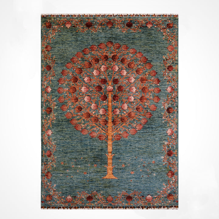 Nar Ağacı Orijinal El Dokuması Yeşil Kök Boya Yün Halı 153x203 3.11 Metrekare - 5x6 ft