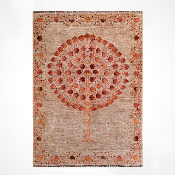 Nar Ağacı Orijinal El Dokuması Bej Kök Boya Yün Halı 205x310 6.36 Metrekare - 7x10 ft