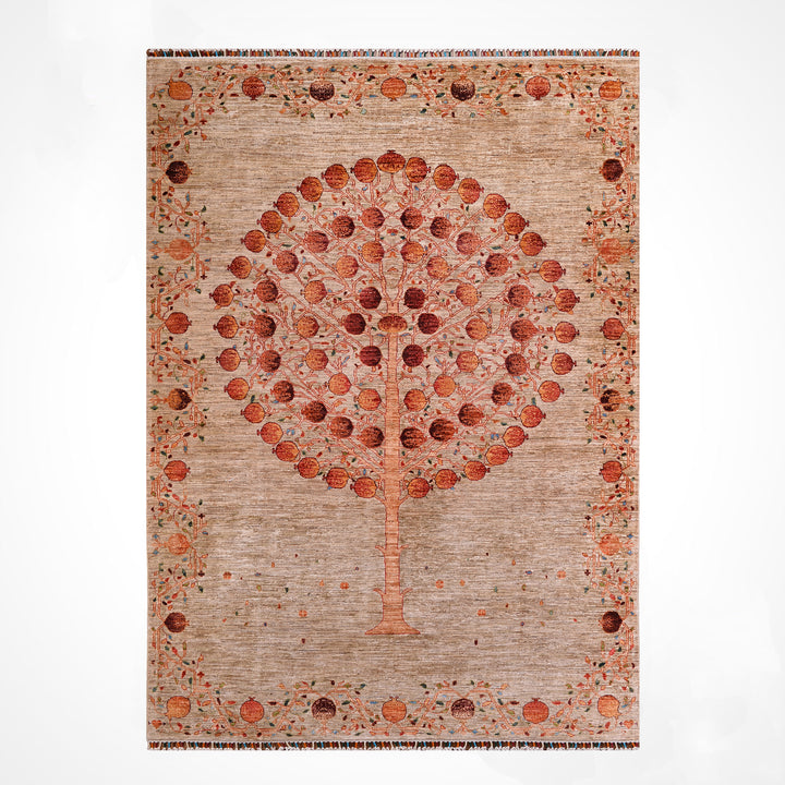 Nar Ağacı Orijinal El Dokuması Bej Kök Boya Yün Halı 205x310 6.36 Metrekare - 7x10 ft