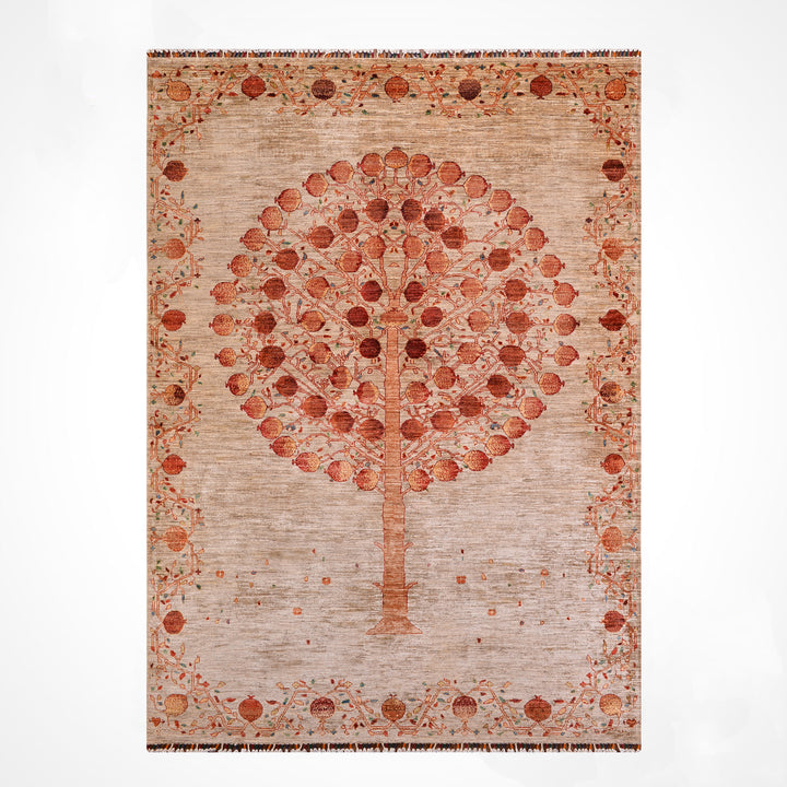 Nar Ağacı Orijinal El Dokuması Bej Kök Boya Yün Halı 204x302 6.16 Metrekare - 7x10 ft