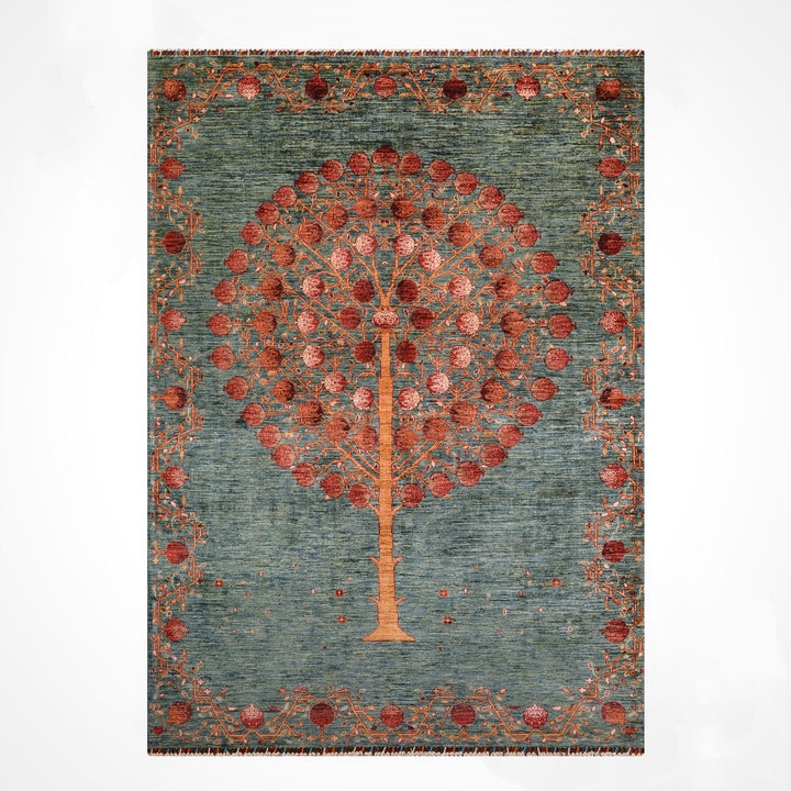 Nar Ağacı Orijinal El Dokuması Yeşil Kök Boya Yün Halı 202x302 6.10 Metrekare - 7x10 ft
