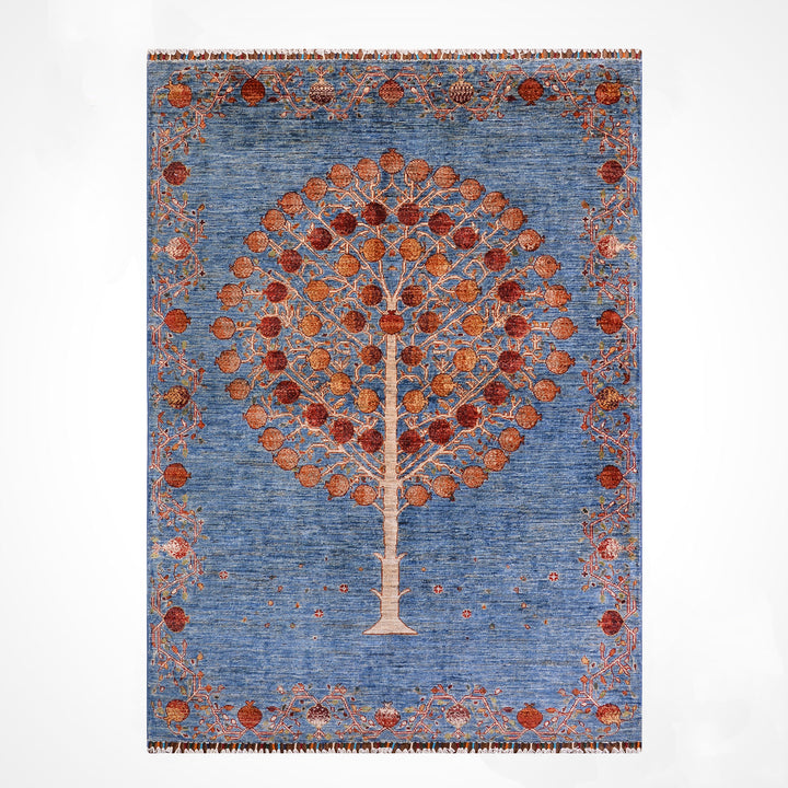 Nar Ağacı Orijinal El Dokuması Mavi Kök Boya Yün Halı 154x209 3.22 Metrekare - 5x7 ft