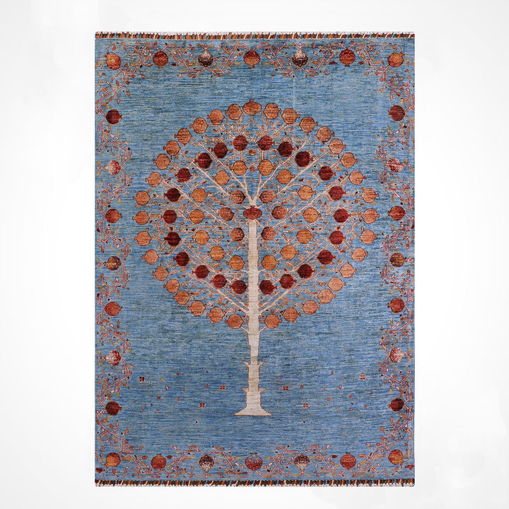 Nar Ağacı Orijinal El Dokuması Mavi Kök Boya Yün Halı 171x242 4.14 Metrekare - 5x8 ft