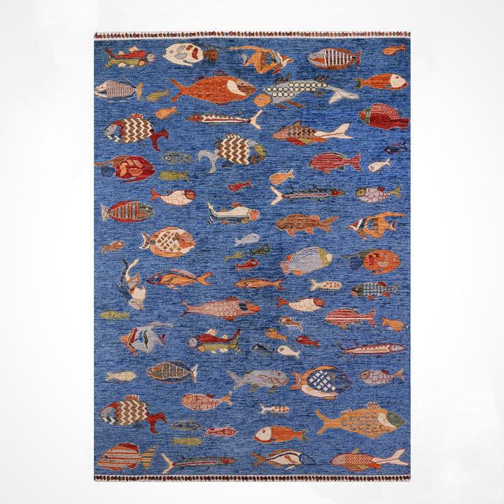 Balık Orijinal El Dokuması Mavi Kök Boya Yün Halı 156x205 3.20 Metrekare - 5x6 ft