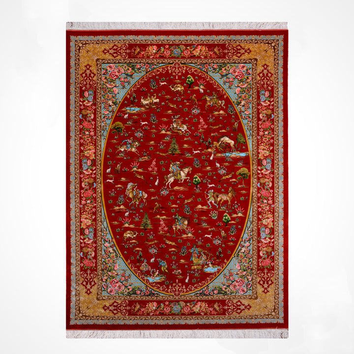 Iranian Hunting Scene Red Modal Silk Rug 150x225 cm (3.38 square meters) - 5x7 ft