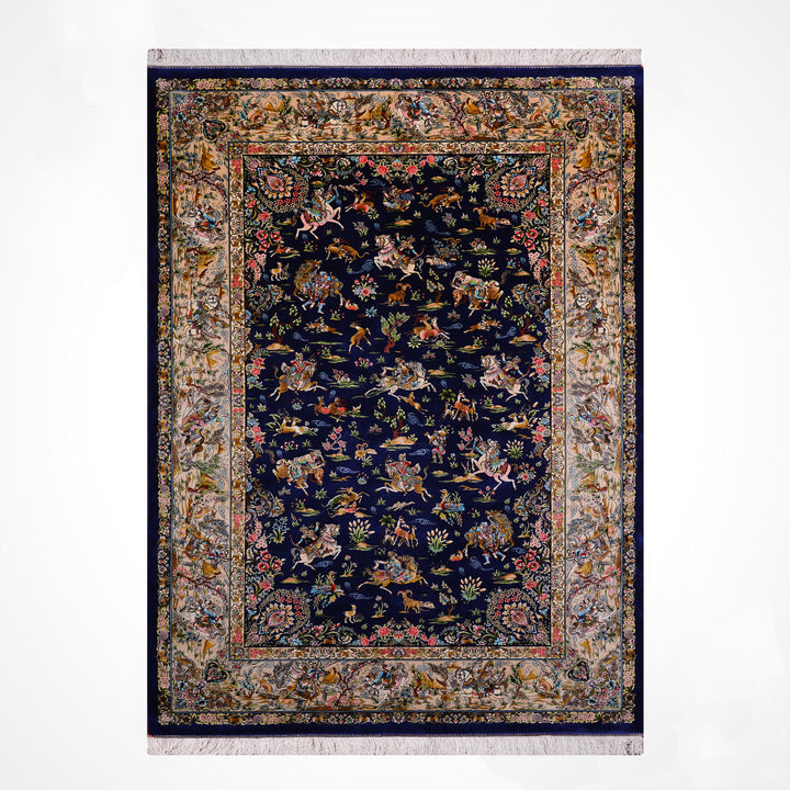 Iranian Hunting Scene Navy Blue Modal Silk Rug 150x225 cm (3.38 square meters) - 5x7 ft