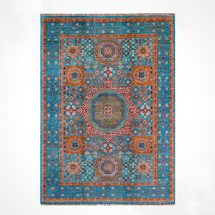 Mamluk Original Handwoven Turquoise Vegetable Dyed Wool Rug 172x243 cm (4.18 square meters) - 5x8 ft
