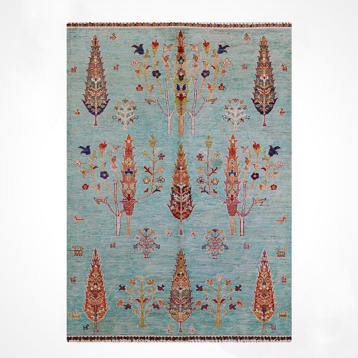 Khorjin Hayat Ağacı Orijinal El Dokuması Turkuaz Kök Boya Yün Halı 127x177 2.25 Metrekare - 4x6 ft