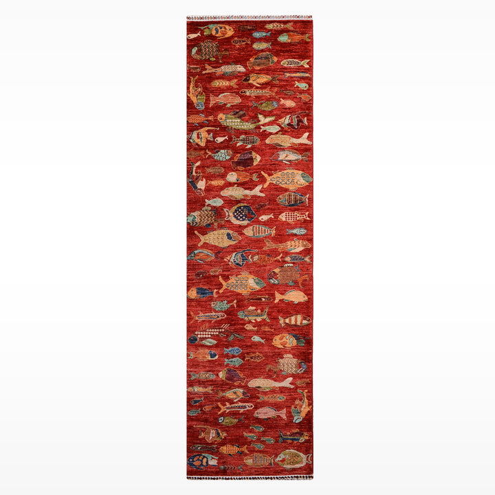 Balık Orijinal El Dokuması Yolluk Kırmızı Kök Boya Yün Halı 0.80x300 2.40 Metrekare - 3x10 ft