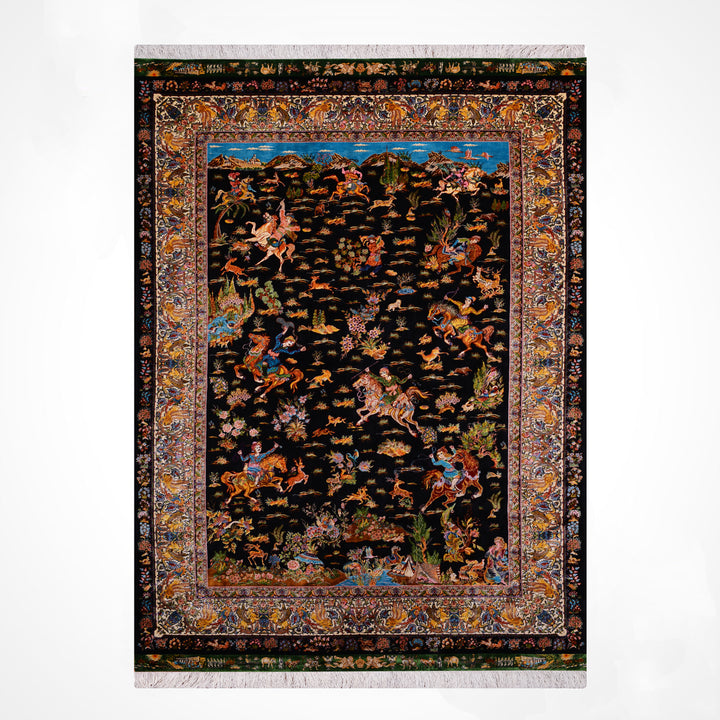 Iranian Hunting Scene Black Modal Silk Rug 150x225 cm (3.38 square meters) - 5x7 ft