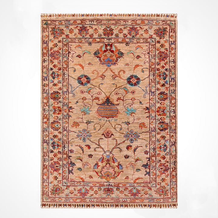 Sultani Floral Original Hand Woven Beige Vegetable Dyed Wool Carpet 101x147 1.48 Square Meters - 3x4 ft