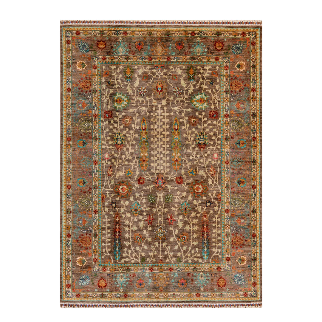 Sultani 45x45 Çiçekli Orijinal El Dokuması Bej Kök Boya Yün Halı 183x238 4.36 Metrekare - 5x8 ft