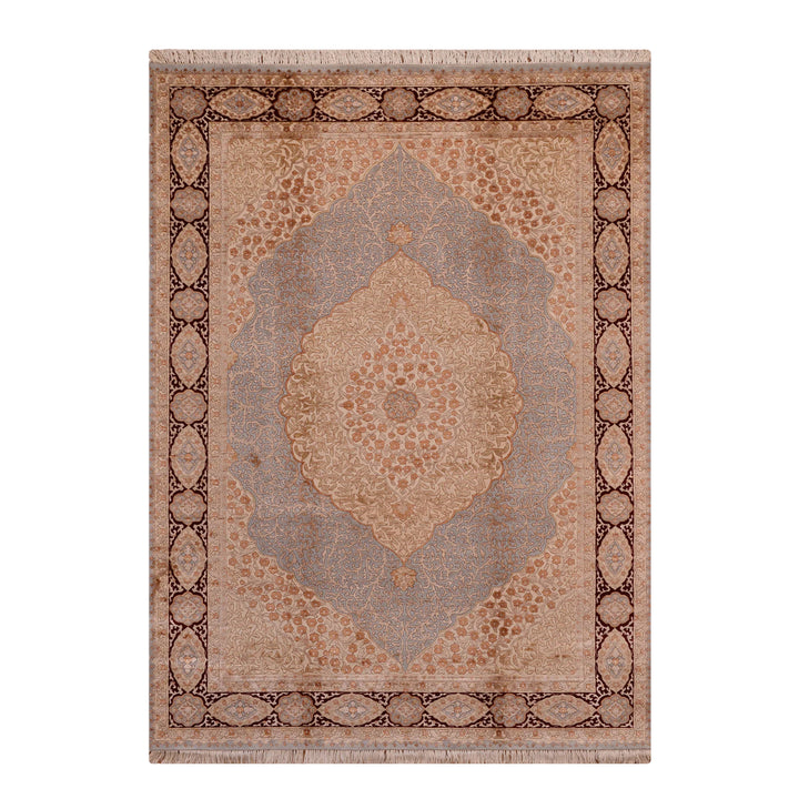 Hint Uşağı Orijinal El Dokuması Bej Kırmızı Yün Bambu Halı 166x242 4.02 Metrekare - 5x8 ft