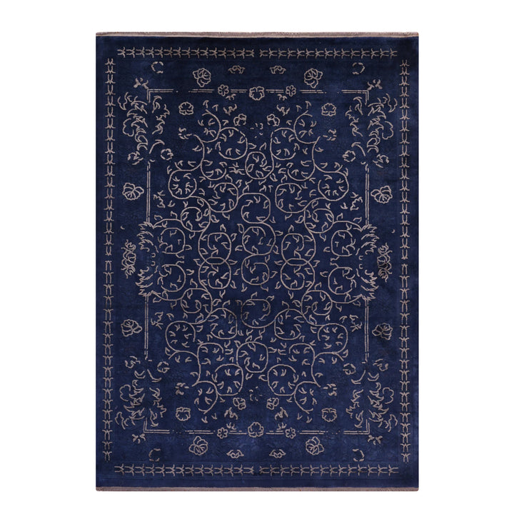 Aubusson Original Hand Woven Navy Blue Wool Bamboo Carpet 173x240 4.15 Square Meters - 5x8 ft