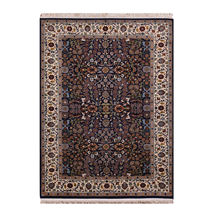 Hereke Seven Mountains Flower Original Handwoven Navy Blue Cream Wool Rug 123x178 cm (2.19 square meters) - 4x6 ft 
