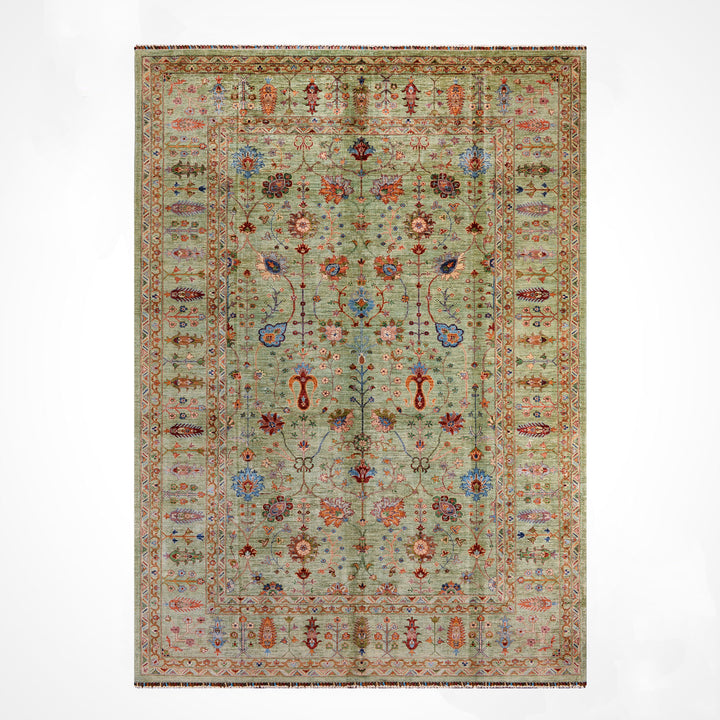 Sultani Çiçekli Orijinal El Dokuması Yeşil Kök Boya Yün Halı 270x377 10.18 Metrekare - 9x12 ft