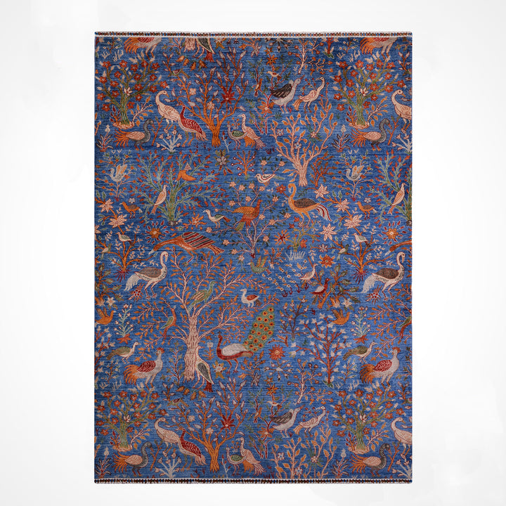 Sultani Kuş Motifli Orijinal El Dokuması Mavi Kök Boya Yün Halı 200x302 6.04 Metrekare - 7x10 ft
