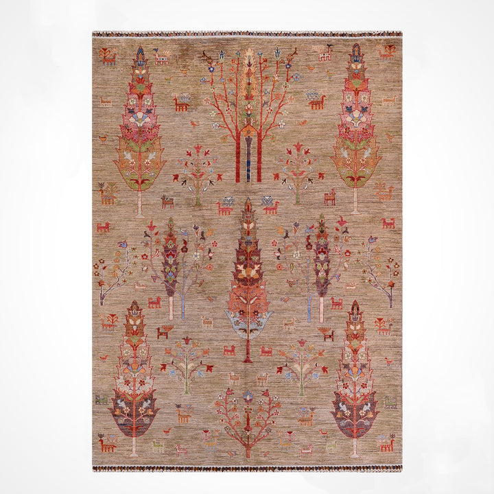 Khorjin Hayat Ağacı Orijinal El Dokuması Yeşil Bej Kök Boya Yün Halı 173x255 4.41 Metrekare - 5x8 ft