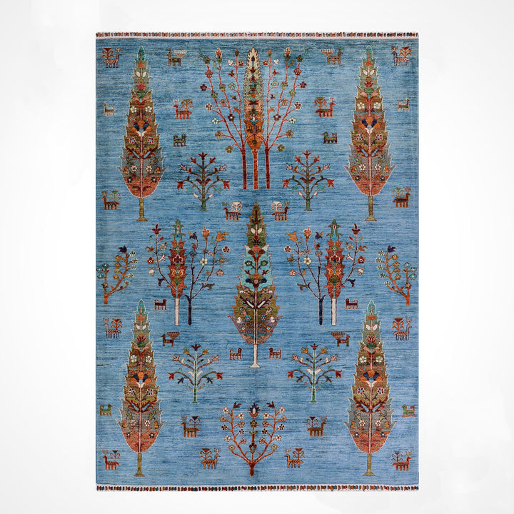 Khorjin Hayat Ağacı Orijinal El Dokuması Turkuaz Kök Boya Yün Halı 174x246 4.28 Metrekare - 5x8 ft