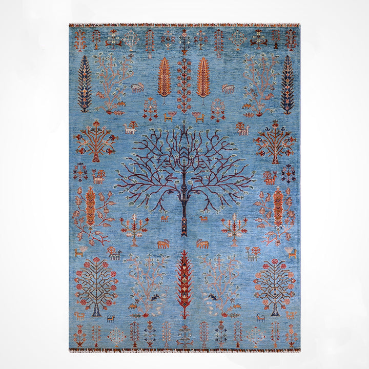 Hayat Ağacı Orijinal El Dokuması Mavi Kök Boya Yün Halı 181x260 4.71 Metrekare - 6x8 ft