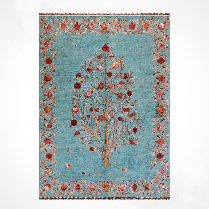 Nar Ağacı Orijinal El Dokuması Turkuaz Kök Boya Yün Halı 174x243 4.23 Metrekare - 6x8 ft