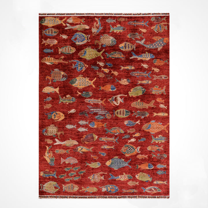 Balık Orijinal El Dokuması Kırmızı Kök Boya Yün Halı 154x212 3.26 Metrekare - 6x8 ft