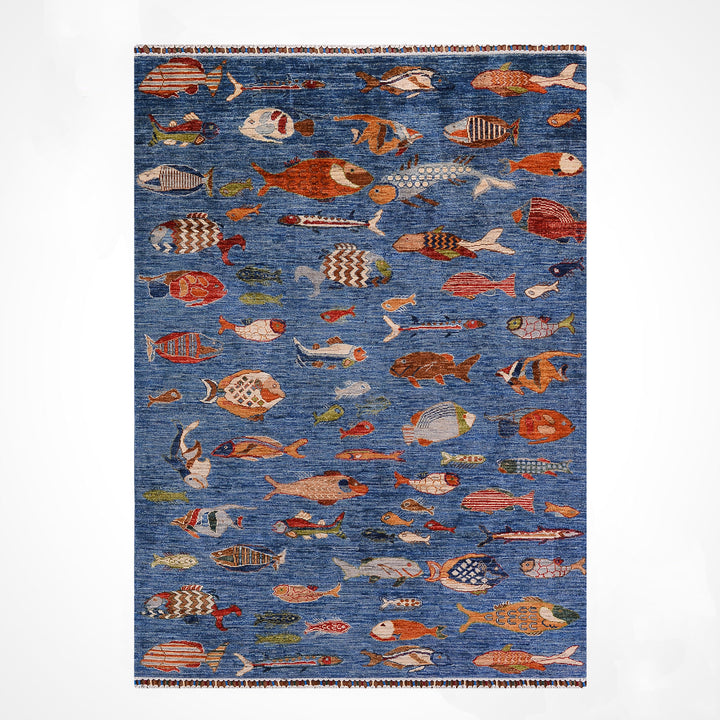 Balık Orijinal El Dokuması Mavi Kök Boya Yün Halı 156x208 3.24 Metrekare - 5x7 ft