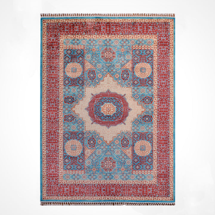Memlük 50x50 Orijinal El Dokuması Turkuaz Kırmızı Kök Boya Yün Halı 170x236 4.01 Metrekare - 5x8 ft