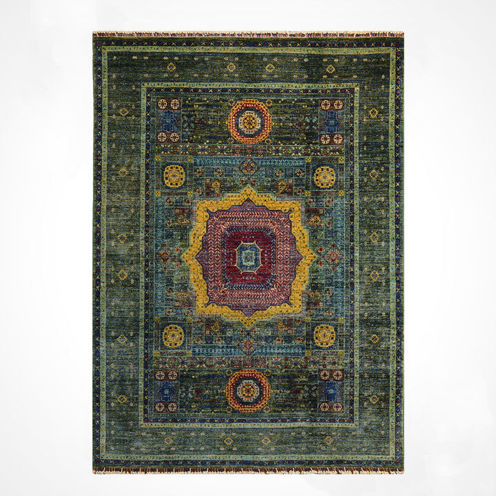 Memlük Orijinal El Dokuması Yeşil Kök Boya Yün Halı 179x240 4.30 Metrekare - 5x8 ft