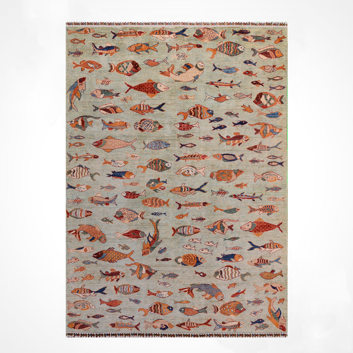 Balık Orijinal El Dokuması Yeşil Kök Boya Yün Halı 171x232 3.97 Metrekare - 6x8 ft