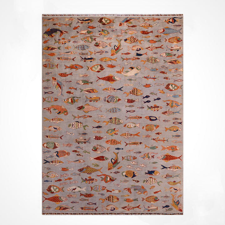 Balık Orijinal El Dokuması Gri Kök Boya Yün Halı 204x294 6 Metrekare - 7x10 ft