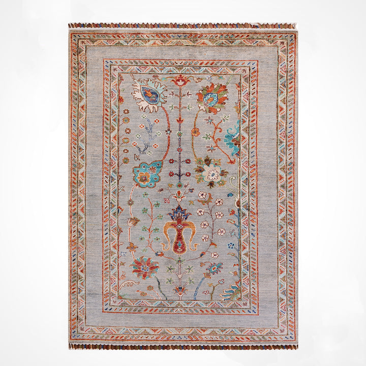 Sultani Çiçekli Orijinal El Dokuması Gri Kök Boya Yün Halı 105x156 1.64 Metrekare - 3x5 ft