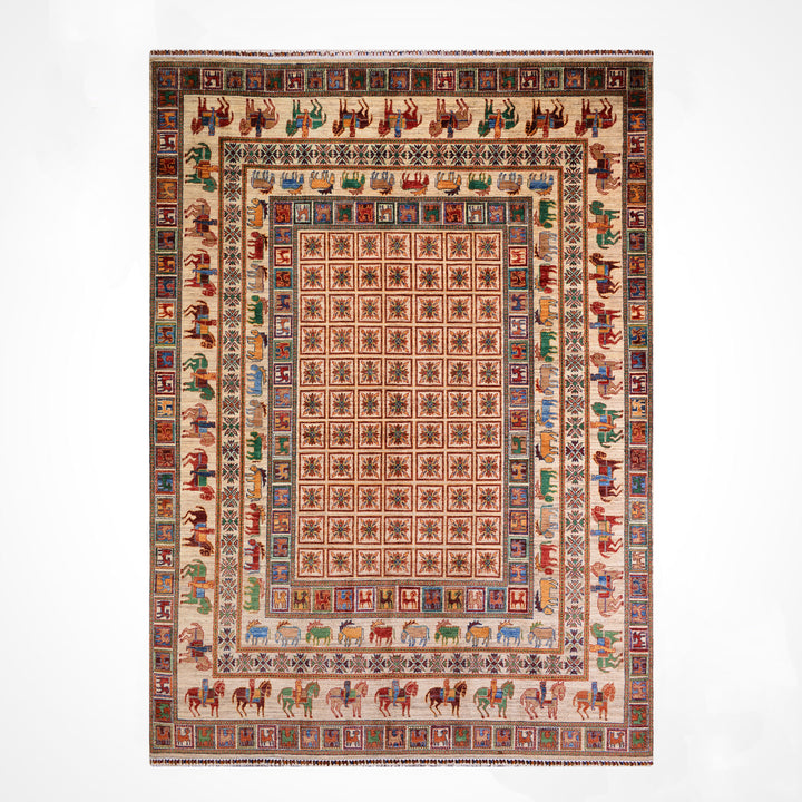 Pazırık Orijinal El Dokuması Bej Kök Boya Yün Halı 242x301 7.28 Metrekare - 8x10 ft