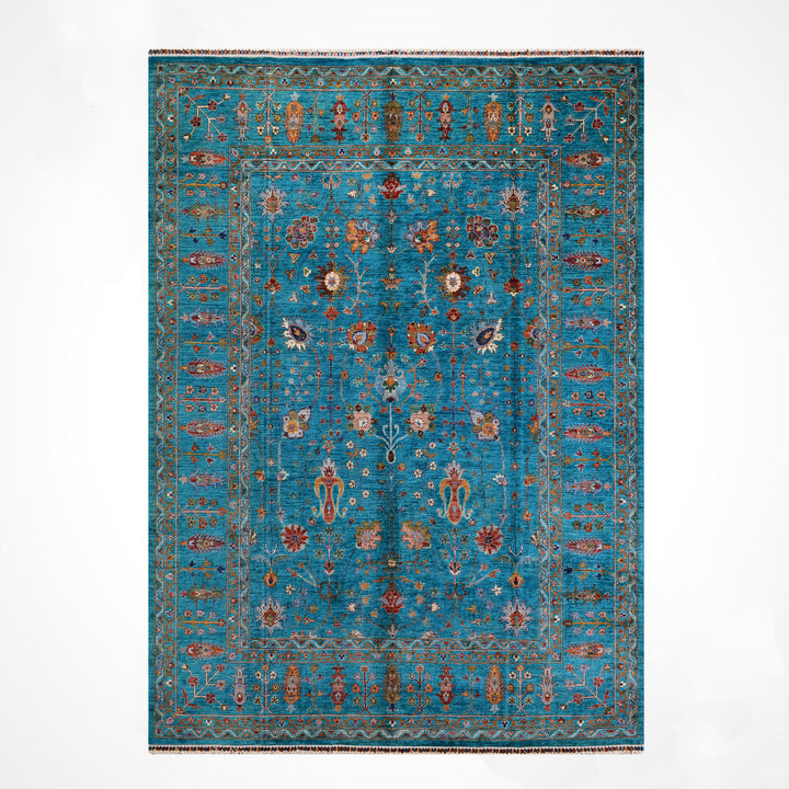 Sultani Çiçekli Orijinal El Dokuması Turkuaz Kök Boya Yün Halı 242x300 7.26 Metrekare - 8x10 ft