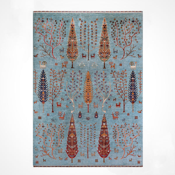 Hayat Ağacı Orijinal El Dokuması Turkuaz Kök Boya Yün Halı 206x289 5.95 Metrekare - 7x10 ft