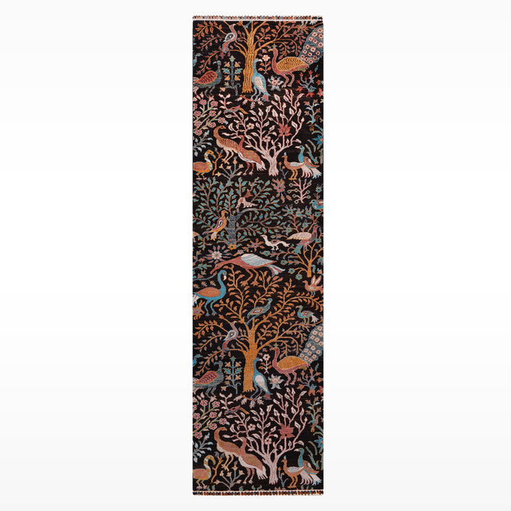 Kuş Orijinal El Dokuması Yolluk Siyah Kök Boya Yün Halı 0.82x296 2.43 Metrekare - 3x10 ft