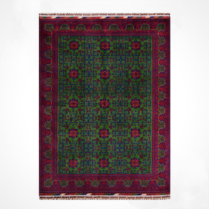 Afgan Halısı Yeşil Hamyap Orijinal El Dokuması Kök Boya Yün 168x231 3.88 Metrekare - 5x7 ft