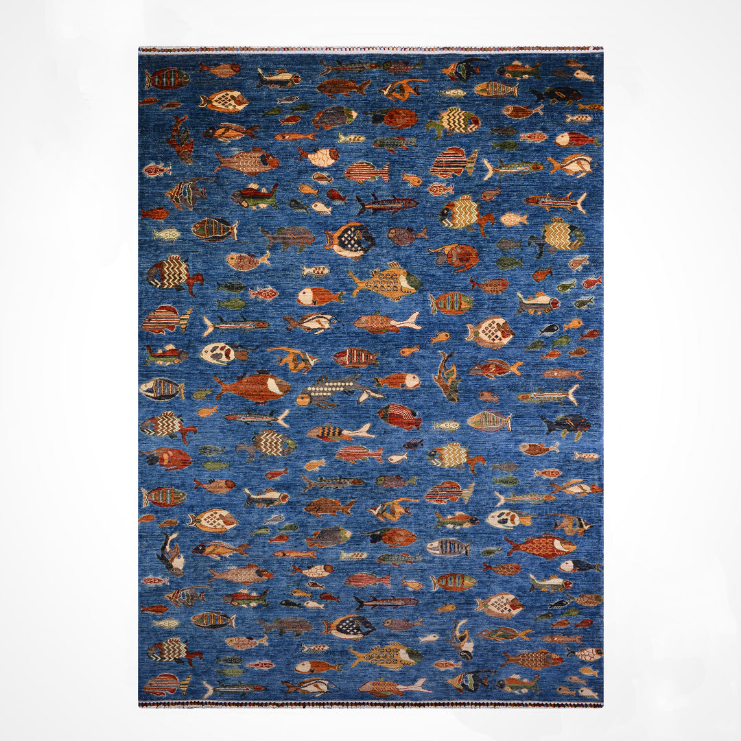 Fish Original Hand-Woven Blue Vegetable Dye Wool Rug 210x311 6.53 Square Meters