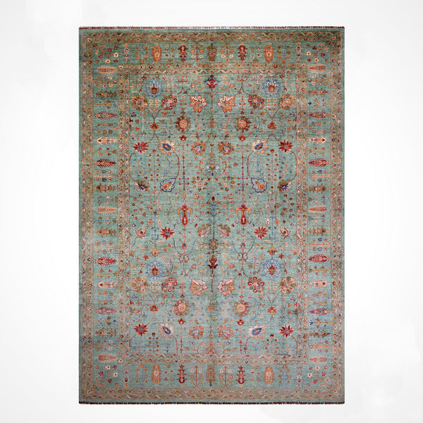 Sultani Çiçekli Orijinal El Dokuması Turkuaz Kök Boya Yün Halı 270x383 10.34 Metrekare - 9x13 ft